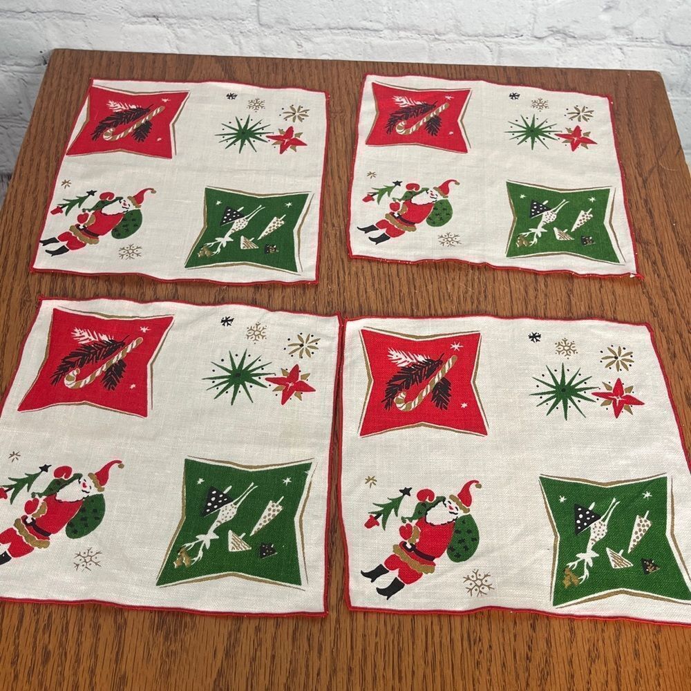 Antique Festive MCM Holiday Napkins set of 4 Red, Green, Gold in retro designs